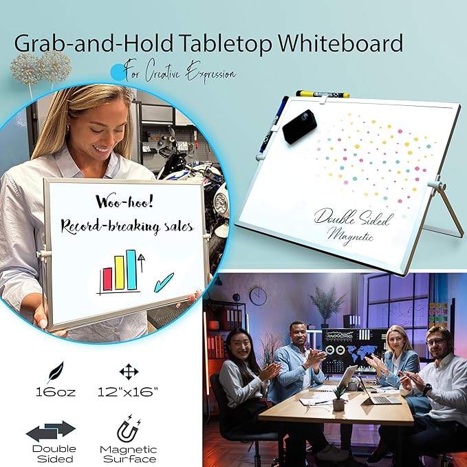 12x16 Magnetic Dry Erase Whiteboard – Double-Sided Desktop Board with Stand, 8 Markers, 4 Glass Magnets, Eraser, Marker Holder – Portable Wipe Off Board for Desk, Wall, School, Home