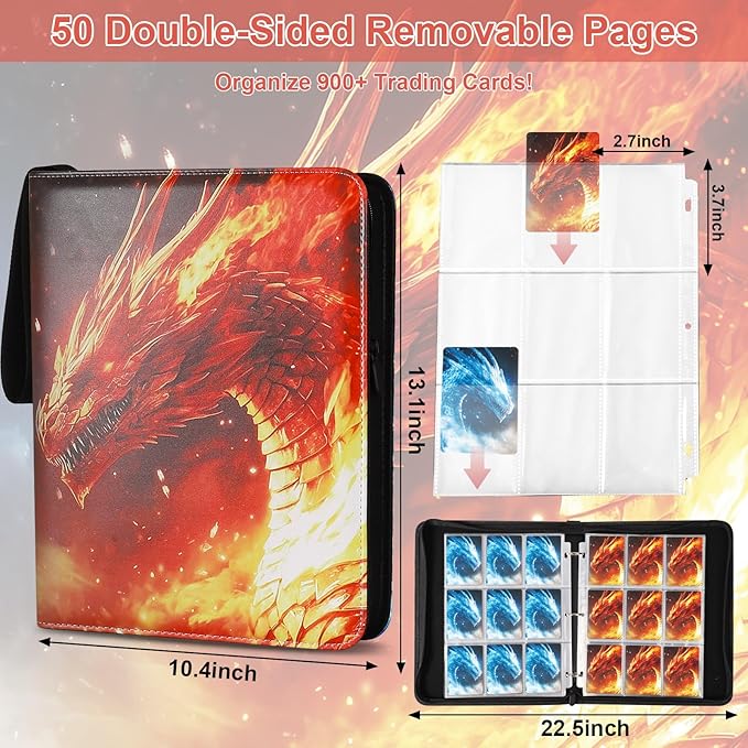 Fire & Ice Dragon 9 Pocket Trading Card Binder Album, Holds 900 Cards with 50 Removable Double-Sided Sleeves, Waterproof PU Leather Zipper Binder for TCG, MTG, Sports Cards
