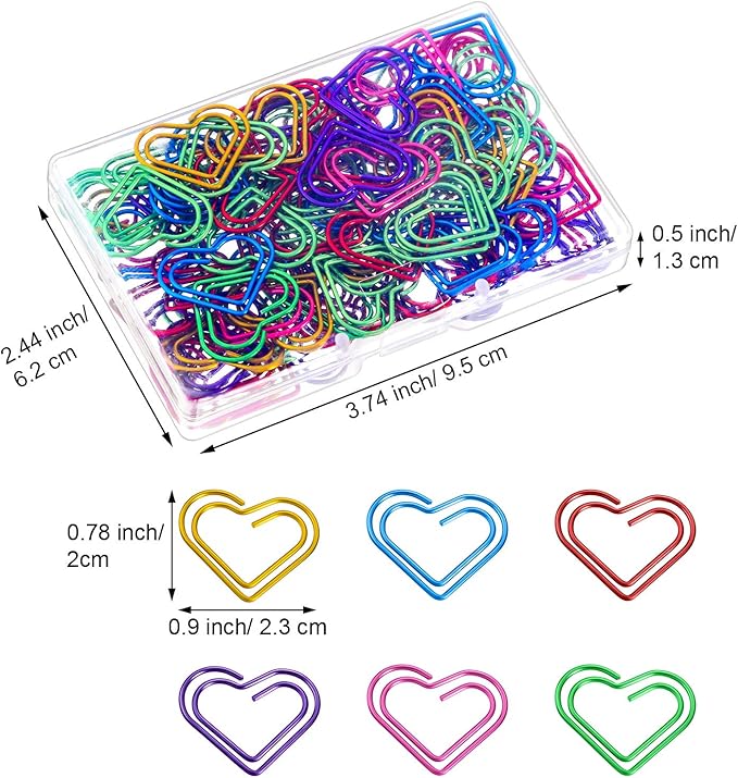 105 Pieces Colorful Paper Clips Metal Heart Shaped Paperclips Cute Fancy Multicolor Small Love Shaped Paper Clips Bulk for Office Stationery, School Supplies, Document Note Sorting, Wedding Decoration