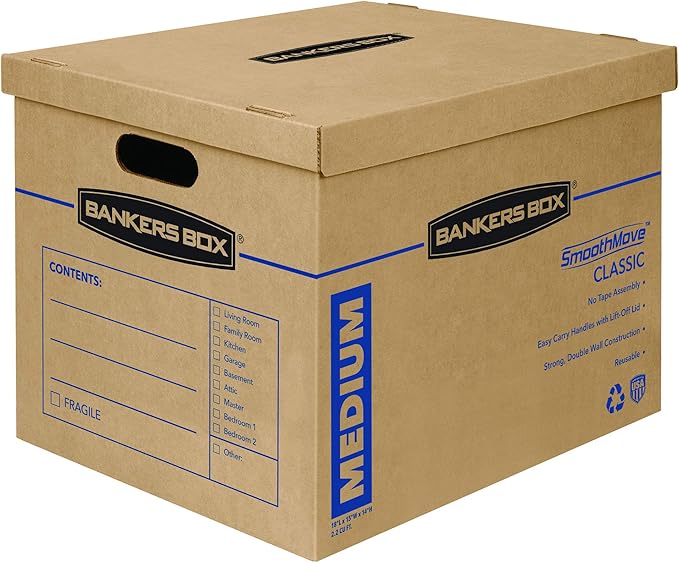 Bankers Box Medium Classic Moving Box 10 Pack, Reinforced Handles, Tape-Free Assembly, Box with Lid, 19-in x 14.5-in x 15.5-in (8817201)
