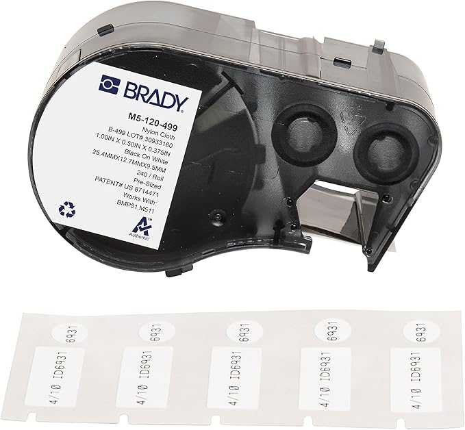 Brady Authentic (M5-120-499) Aggressive Adhesive Multi-Purpose Nylon Labels 0.5 x 1 x 0.375 Dia Black on White, 240 Labels. for use with The BMP51 and M511 Label Printers
