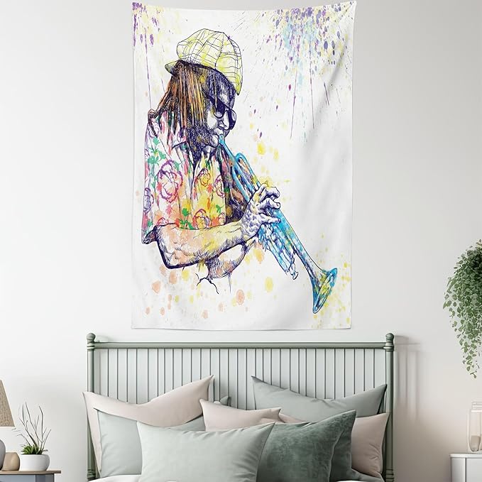 Ambesonne Jazz Music Tapestry, Illustration of Trumpeter with Paint Splashes at the Background Entertainment, Wall Hanging for Bedroom Living Room Dorm Decor, 40" X 60", Purple Yellow