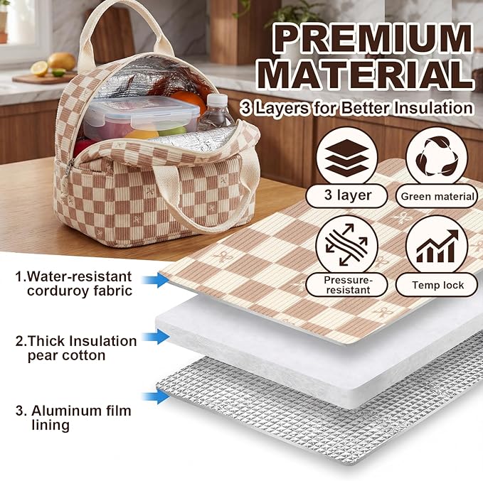 LEDAOU Lunch Box for Women Insulated Lunch Bag Corduroy Lunch Tote Bags Leakproof Cooler Lunch Case for Travel Work Picnic (rown Checkered Bow)