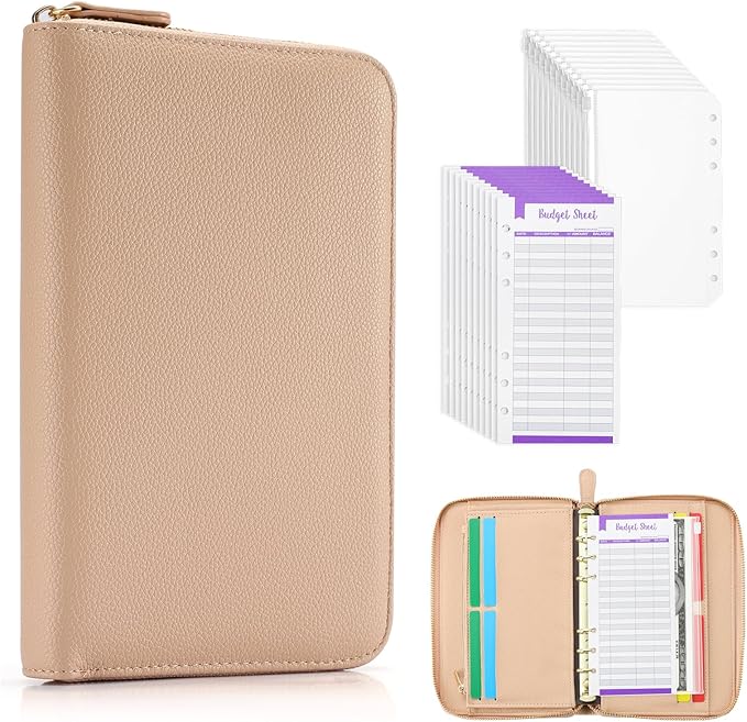 SEEKIND A6 Budget Binder, Money Saving Binder with Zipper Envelopes, PU Leather Wallet Budget Planner,Cash Envelopes and Expense Budget Sheets for Budgeting(Pink)