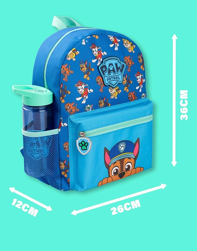 Paw Patrol Boys Backpack Set | Kids 4 Piece Blue & Green Rucksack Bundle with School Bag, Pencil Case, Lunch Bag & Water Bottle | Chase Dog Crew Graphic Complete Matching Set | Back to School Gifts