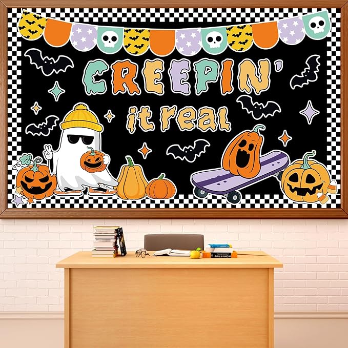 Halloween Bulletin Board Decorations Cute Ghost Pumpkin Bat Bulletin Board Set Spooky Funny Creepin' It Real Paper Cutouts for Halloween Holiday School Classroom Home Wall Decor Supplies