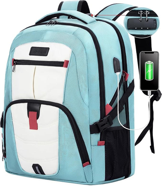 LOVEVOOK Travel Laptop Backpack Waterproof Anti Theft Backpack with Lock and USB Charging Port Large Computer Business Backpack for Women College Backpack (17 inch,Paleturquoise & White