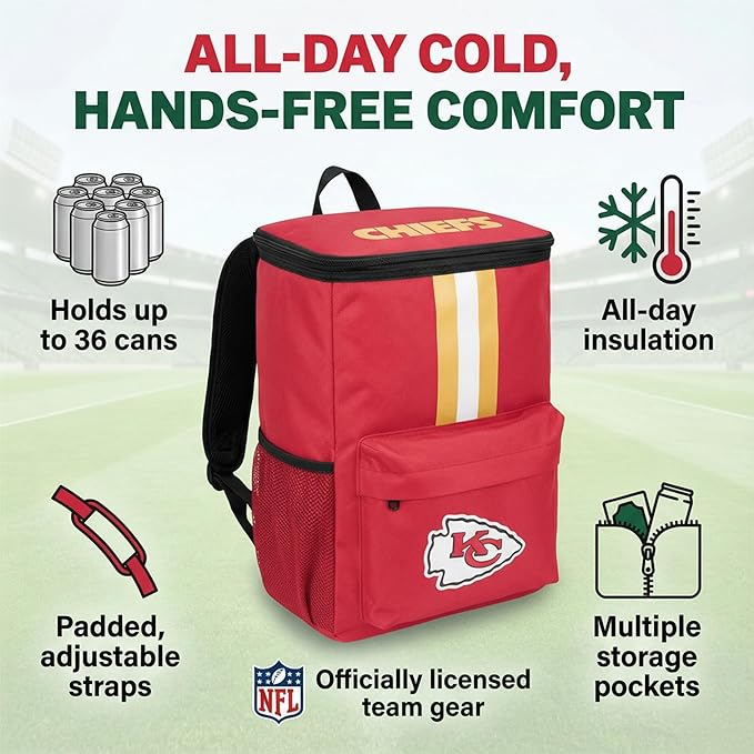 Cooler Backpack – Portable Soft Sided Ice Chest – Insulated Bag Holds 36 Cans - Football Gear – Show Your Team Spirit with Officially Licensed Fan Gear