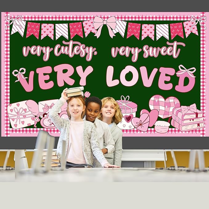 party greeting Valentines Day Bulletin Board Set Valentines Pink Bow Classroom Decorations Pink Theme Very Cutesy Sweet Loved Paper Cutouts Bulletin Board for School Office Home Wall Decor Supplies