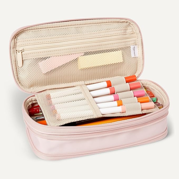 Amazon Basics Large Capacity Pencil Case with Durable Zipper, Multi-Compartment, Rose Mild