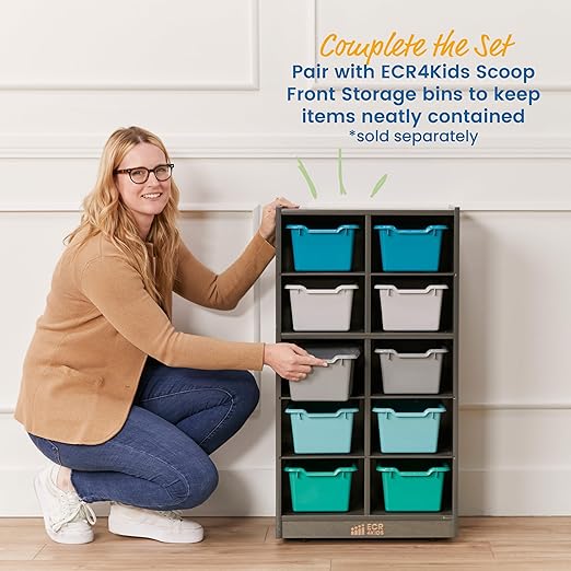ECR4Kids 10 Cubby Mobile Tray Storage Cabinet, 5x2, Classroom Furniture, Grey Wash