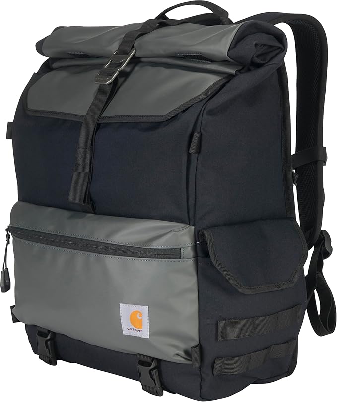 Carhartt 40L Nylon Roll Top Backpack, Heavy-Duty Water-Resistant Material W/ 17" Laptop Sleeve, Black