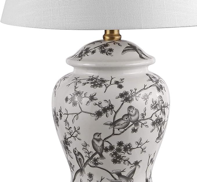JONATHAN Y 22" Gray/White Ceramic Table Lamp, French Country Chinoiserie Ginger Jar LED Bedside Lamp for Living Room Bedroom, White Linen Shade (JYL3005C)
