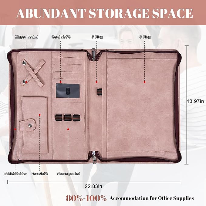 Link Luck Pink Portfolio Binder,3 Ring Binder with Zipper,PU Leather Padfolio with Zipper for Women, Professional Business Portfolio Organizer for Resume/Interview, A4 Letter Document Organizer
