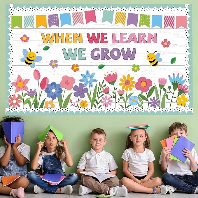 Spring Bulletin Board Set Spring Classroom Decorations When We Learn We Grow Inspirational Bulletin Board Flower Cutouts Wall Decor for School Office Chalkboard Window Door Decor Supplies