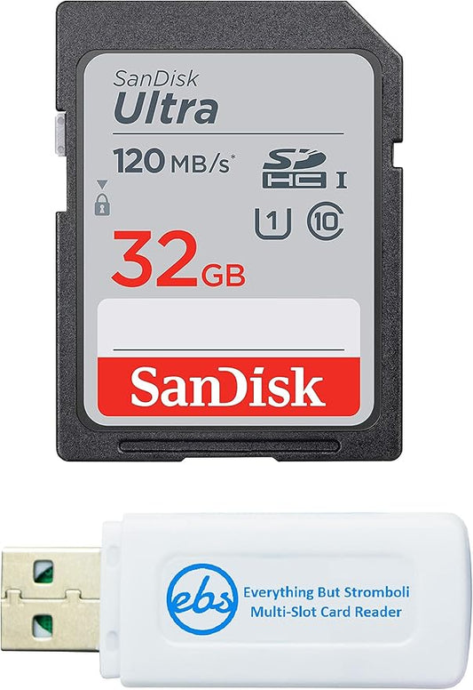SanDisk 32GB SDHC SD Ultra Memory Card Class 10 Works with Sony Cyber-Shot DSC-H300, HX400 V, HX80 Digital Camera (SDSDUN4-032G-GN6IN) Bundle with (1) Everything But Stromboli Multi-Slot Card Reader