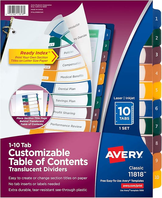 Avery Plastic 10 Tab Binder Dividers, Customizable Table of Contents, Multicolor Tabs, 1 Set (11818)