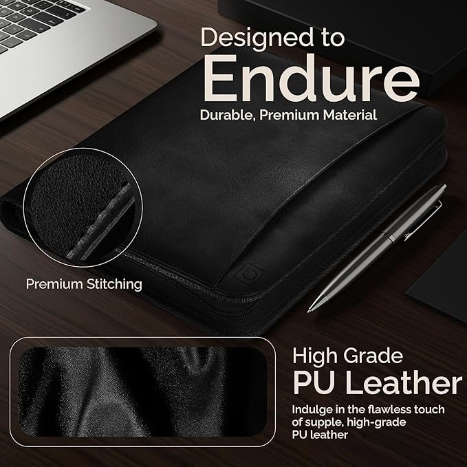 Customized Leather Portfolio Padfolio - Name/Logo Printed on Black Personalized Faux Leather Business Portfolio Binder & Organizer Folder with 10.5 Inch Tablet Sleeve