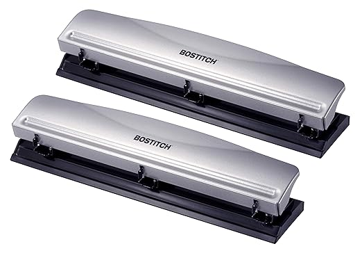Bostitch Office Premium 3 Hole Punch, 12 Sheet Capacity, Metal, Rubber Base, Easy-Clean Tray, Silver, 2-Pack