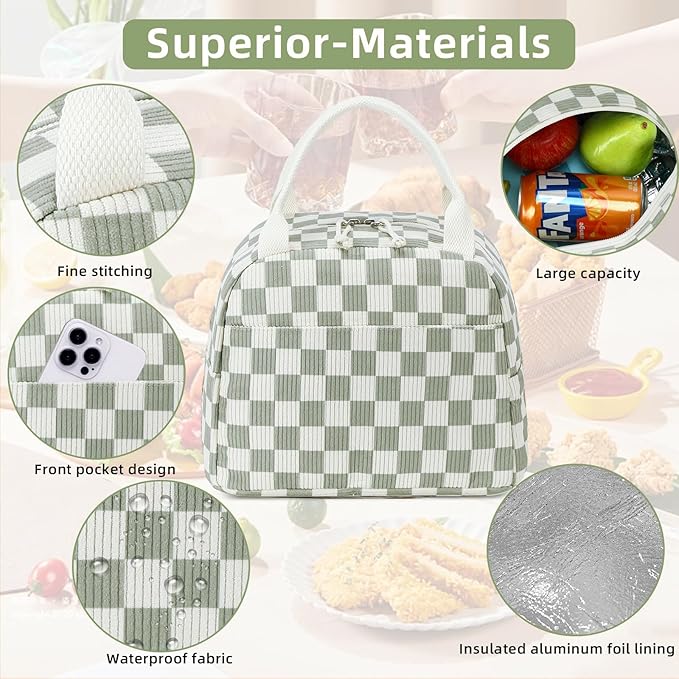 LEDAOU Lunch Box for Women Insulated Lunch Bag Corduroy Lunch Tote Bags Leakproof Cooler Lunch Case for Travel Work Picnic (Checked)