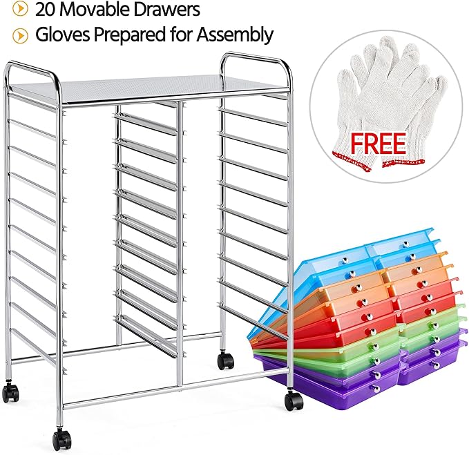 Yaheetech 20 Drawers Rolling Storage Cart Multipurpose Movable Organizer Cart Tools Scrapbook Paper Organizer on Wheels, Multicolor