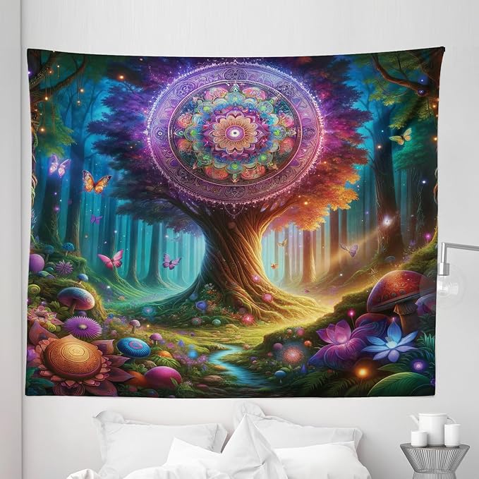 Ambesonne Nature Tapestry King Size, Wonderland Forest Tree Trippy Mandala Floral with Butterfly Ensemble Dream, Wall Hanging Bedspread Bed Cover Wall Decor, 104" X 88", Indigo Green Aqua