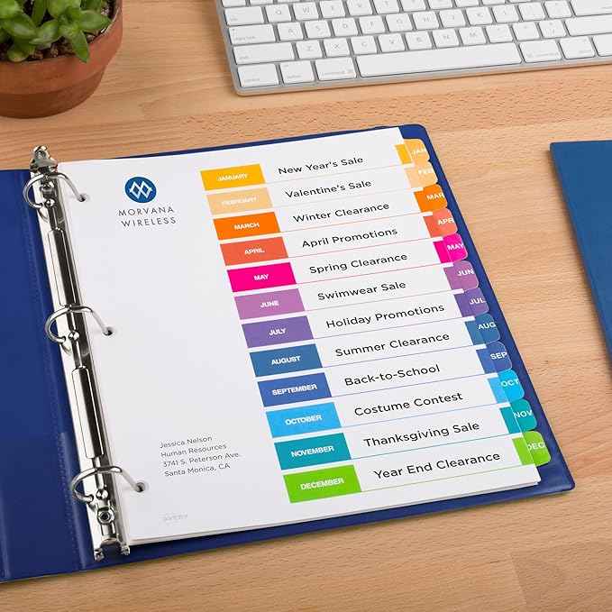 Avery Jan-Dec Dividers for 3 Ring Binders, 12 Tabs per Set, Customizable Table of Contents, Multicolor Tabs, Great for Organizing Reports, Projects, and More (24 Sets of 11127)