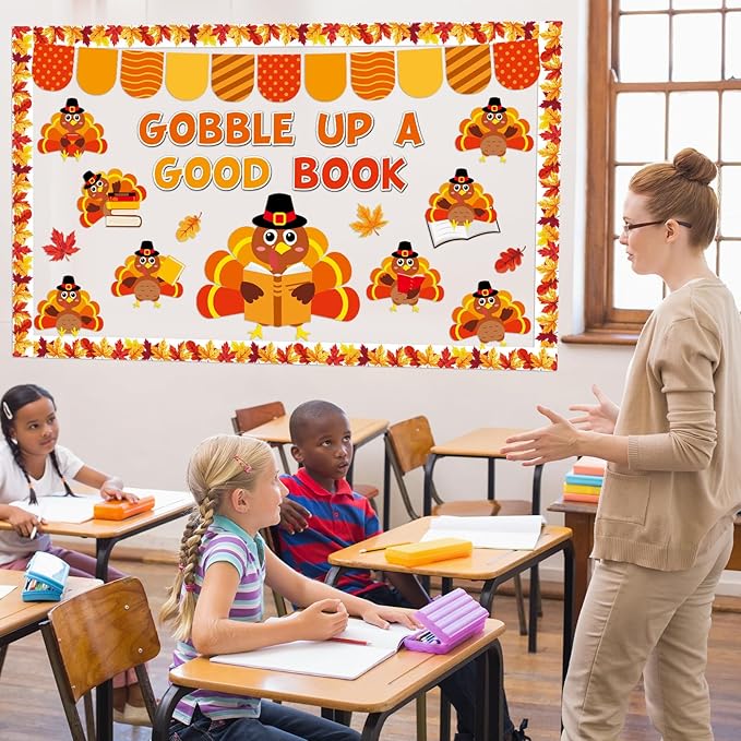Thanksgiving Turkey Bulletin Board Classroom Decoration Fall Thanksgiving Turkey Reading Cutout Gobble Up A Good Book Bulletin Board Autumn Maple Leaves Cutouts for Home School Thankful Party Supplies