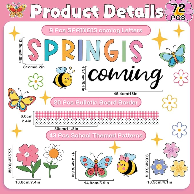 61 Pcs Spring Bulletin Board Decorations - Spring is Coming Cutouts Flower Butterfly Bird Bee Bulletin Board Border for School Classroom Home Décor