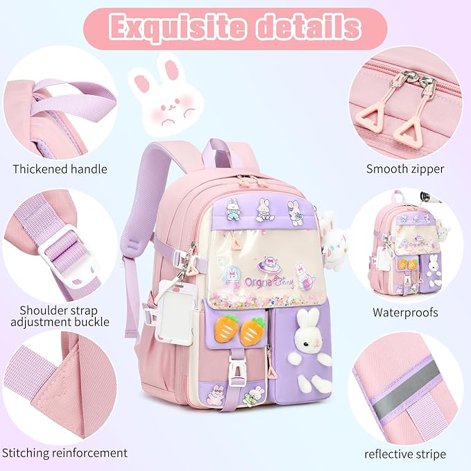 Backpack for Girls Cute Bookbag Set with Lunch Box Pencil Case Kawaii Bunny School Backpacks for Girl 3 Pcs Kindergarten Elementary Preschool Middle Sequin School Bag for Girls (Pink)