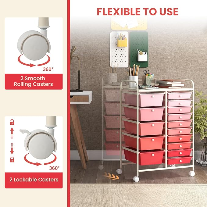COSTWAY 15 Drawer Rolling Storage Cart, Mobile Utility Cart with Lockable Wheels, Drawers, Multipurpose Organizer Cart for Home, Office, School, Gradient Pink