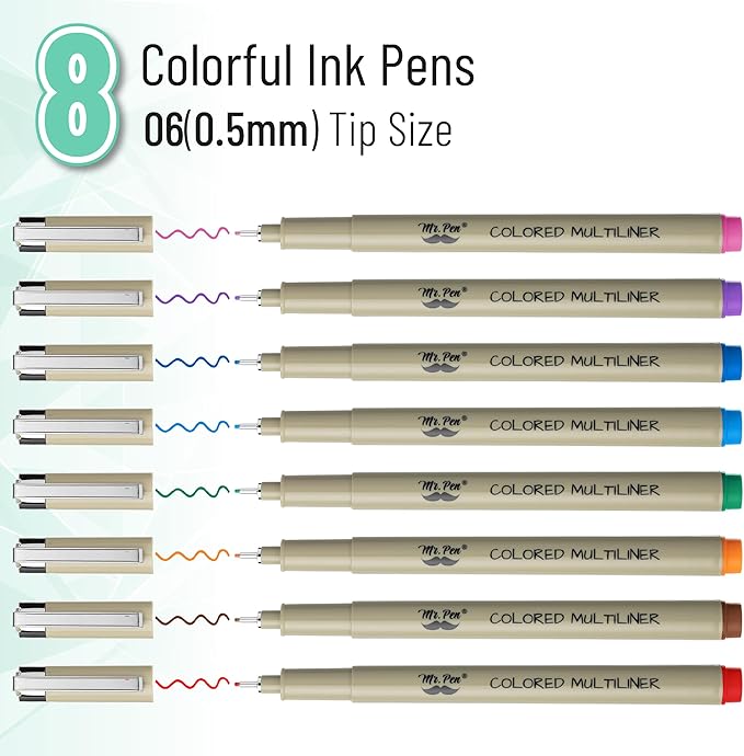 Mr. Pen - 0.5mm 8 Pack Colorful Fine Point Pens for Drawing, Sketching & Bible Journaling