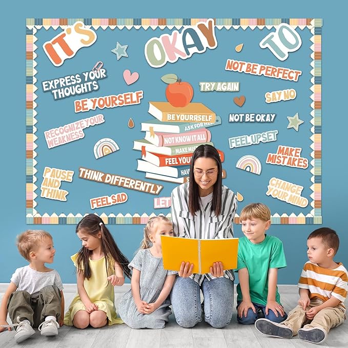 Boho Motivational Bulletin Board Set Welcome Back to School Inspirational Positive Affirmations Accents Cutouts It's OK to Mental Health Posters for School Office Home Classroom Decoration Supply