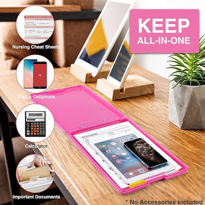Sooez Clipboard with Storage, Plastic Storage Clipboards with Low Profile Clip, Nursing Clip Boards Foldable, Hanging Clipboard Case for Work, Teacher, Classroom Must Haves, Office School Supplies
