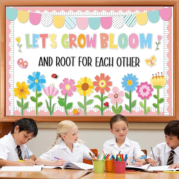 ZOIIWA Spring Bulletin Board Decorations Spring Bloom Flower Classroom Bulletin Board Borders Colorful Floral Butterfly Cutouts for Back to School Birthday Party Supplies School Home Office Wall Decor