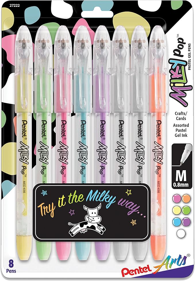 Pentel Arts Milky Pop Pastel Gel Pen, 0.8mm Medium Line, Assorted Colors, Pack of 8 (K98PABP8M)