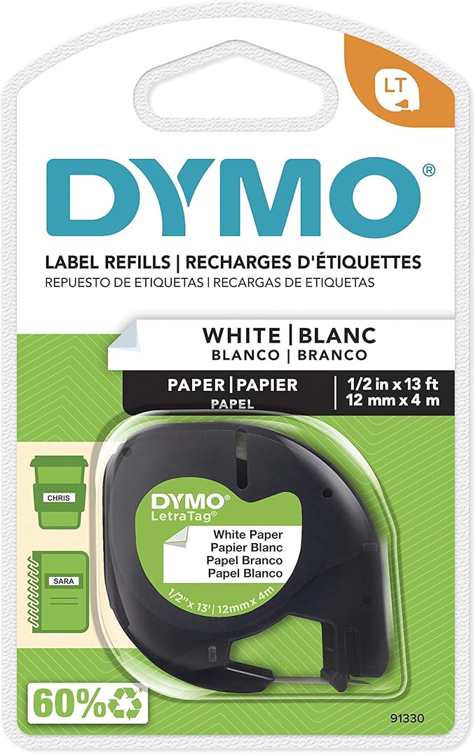 DYMO LetraTag Labeling Tape, Label Makers, Black Print on White Paper, 1/2" W x 13' L, 1 Cassette