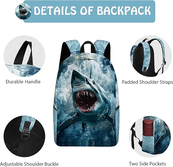 Shark 3PCS Backpack Set for Teens Elementary Middle High School, 17 Inch Lightweight Classic Bookpack 3 in 1 Set for Girls Boys, Kids Back to School Backpack with Lunch Box Pencil Case