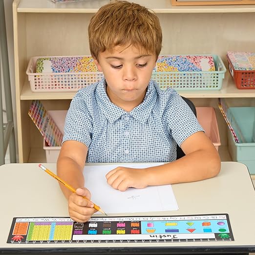Really Good Stuff 24PK Zaner-Bloser Self-Adhesive Plastic Desktop Reference Nameplate with Number Line, Colors, Shapes-Traditional Manuscript Name Tags