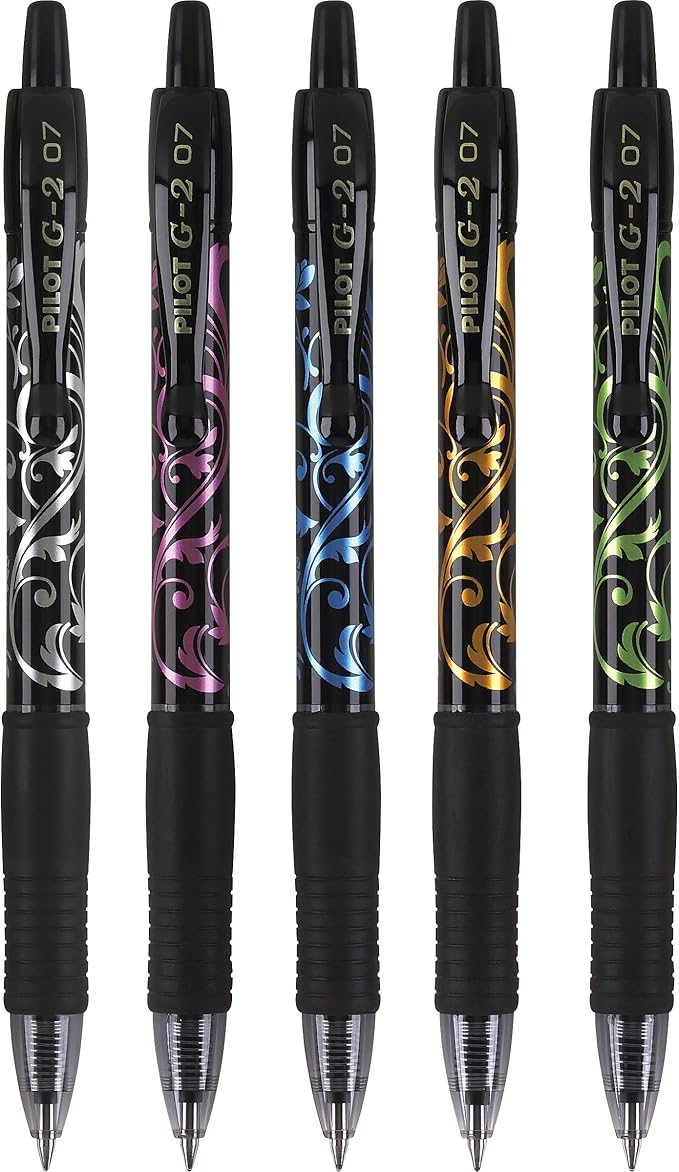 Pilot, G2 Premium Gel Roller Pens, Fine Point 0.7 mm, Fashion Collection, Black, Pack of 5