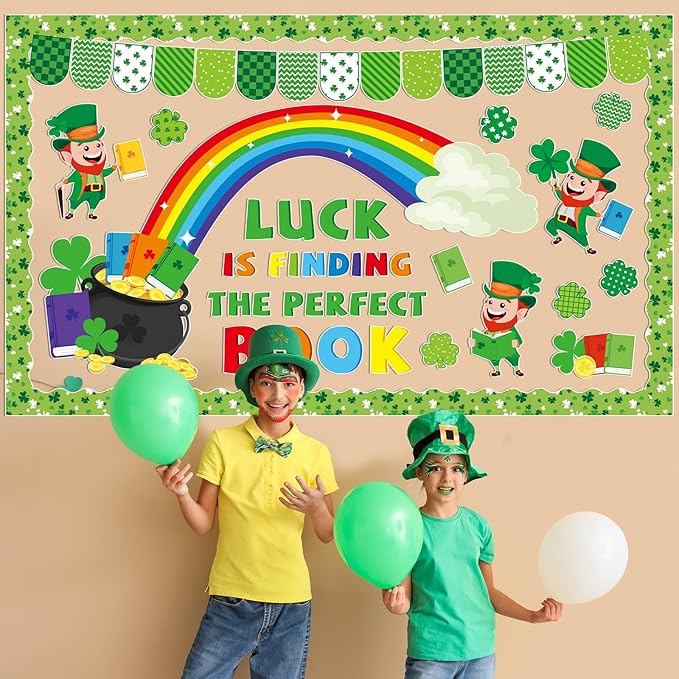 78Pcs St. Patrick's Day Reading Bulletin Board Decorations Spring Lucky Shamrock Paper Cutouts Bulletin Border Set Saint Patrick Day Green Clover Supplies for Irish School Chalkboard Wall Decorations