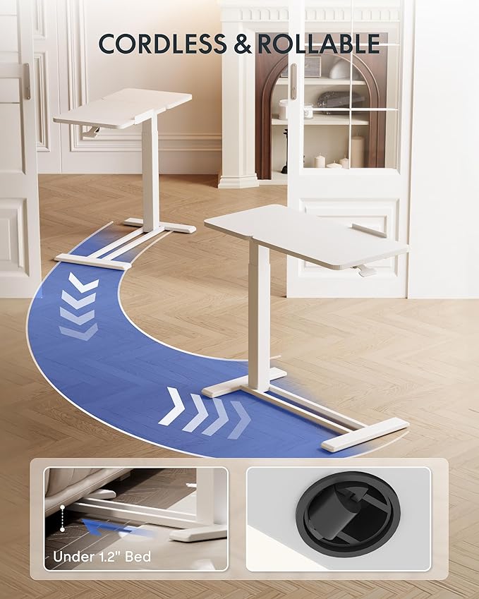 FLEXISPOT Adjustable Height C-Shaped End Table with Split Tilting Top – Mobile Side Table for Sofa & Bedside, Slides Under Furniture, Hidden Wheels for Small Spaces(31.6" W x 15.7" D,White)