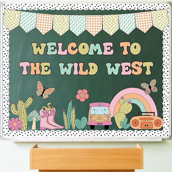 Welcome Bulletin Board Decorations Set, Groovy Wild Western Classroom Decorations Cacti, Bus, Rainbow Cutouts for Welcome Back to School Teachers Supplies Classroom Door Wall Decor