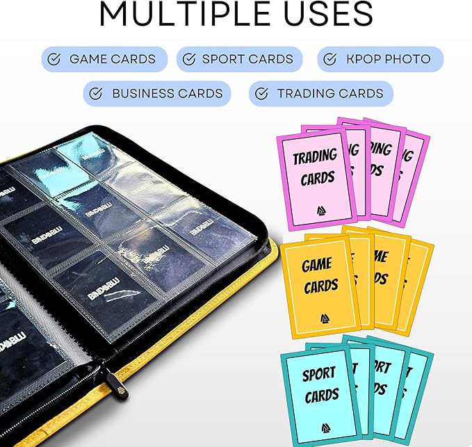 9 Pocket Trading Card Zip Binder - 360 Side Loading Pocket Binder for Colletible Games, Sport, TCG - Trading Card Binder - Gift Card holder for Boys and Girls - Yellow card binder