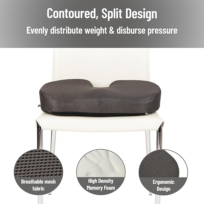 Mind Reader Memory Foam Seat Cushion with Air-Cloud Technology, Sciatica, Coccyx & Hip Pain Relief, Office, Memory Foam, Gray