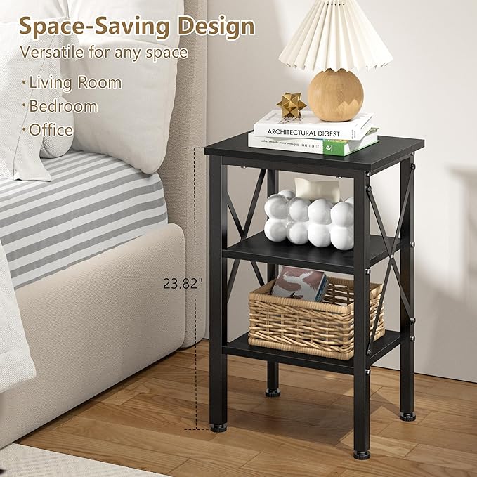 VECELO End Table Set of 2, Bedside Table, 24" Tall Living Room End Tables, X-Design Reinforced Nightstands, Side Table with 3-Tier Storage Shelves for Small Spaces, Office, Bedroom, Classic Black