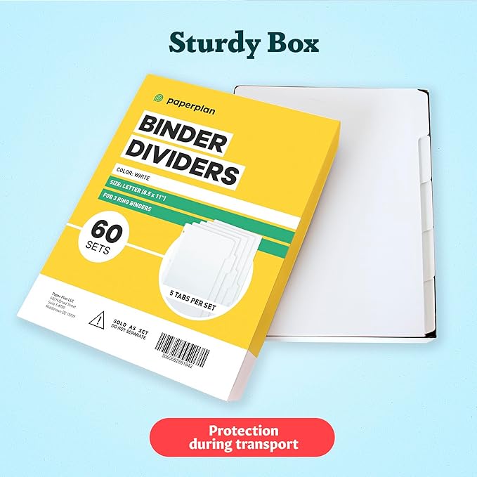Paper Plan 3 Ring Binder Dividers with Tabs - (Set of 60) x 5 White, Reinforced Edge - Ideal for Keeping Your Documents Neat and Professional