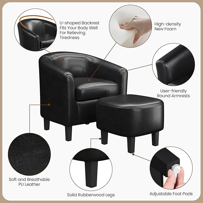 Yaheetech Accent Chair with Ottoman Foot Rest, PU Leather Mid Century Modern Upholstered Soft Barrel Chair Comfy Armchair and Footrest Set for Living Room/Bedroom/Reading Room, Set of 2, Black