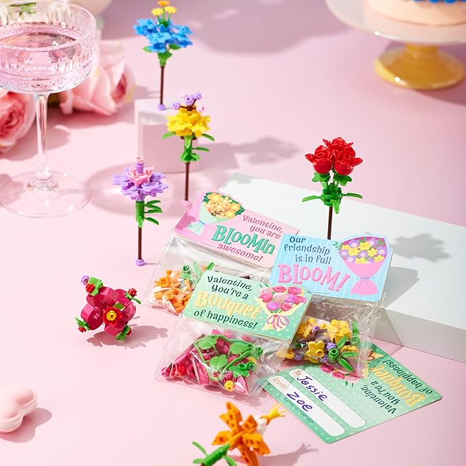 JOYIN 24 Pcs Valentine's Day Flower Bouquet Building Blocks with Cards, 6 Flower Block Designs with 6 Matching Tags, Valentines Day Gifts for Kids School Classroom Exchange Prize Party Favor