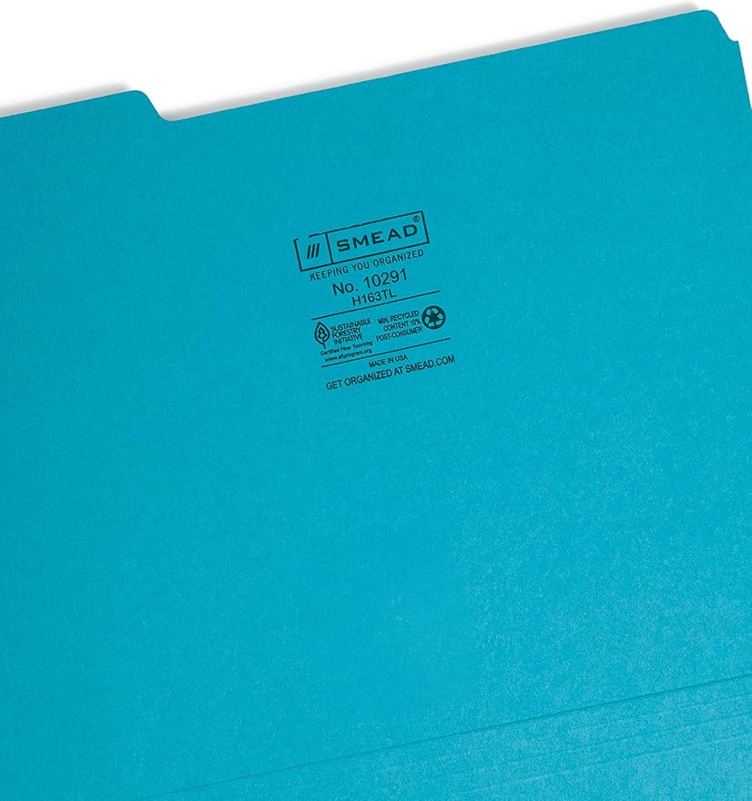 Smead Interior File Folder, 1/3-Cut Tab, Letter Size, Teal, 100 per Box, Expandable File Folders for Filing Cabinet